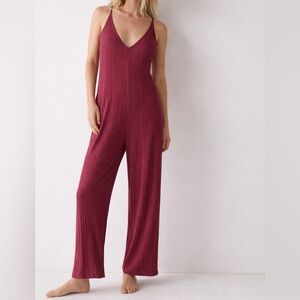 FP Beach Wide Ribbed Flowy Burgundy Jumpsuit